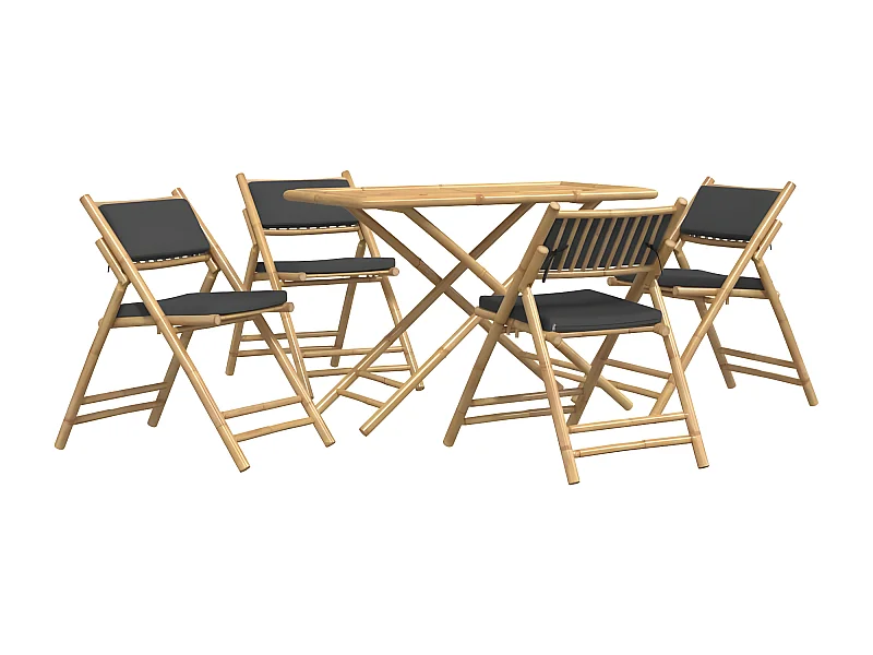 Ensemble de bistro pliante 5 pcs et coussins gris foncé bambou