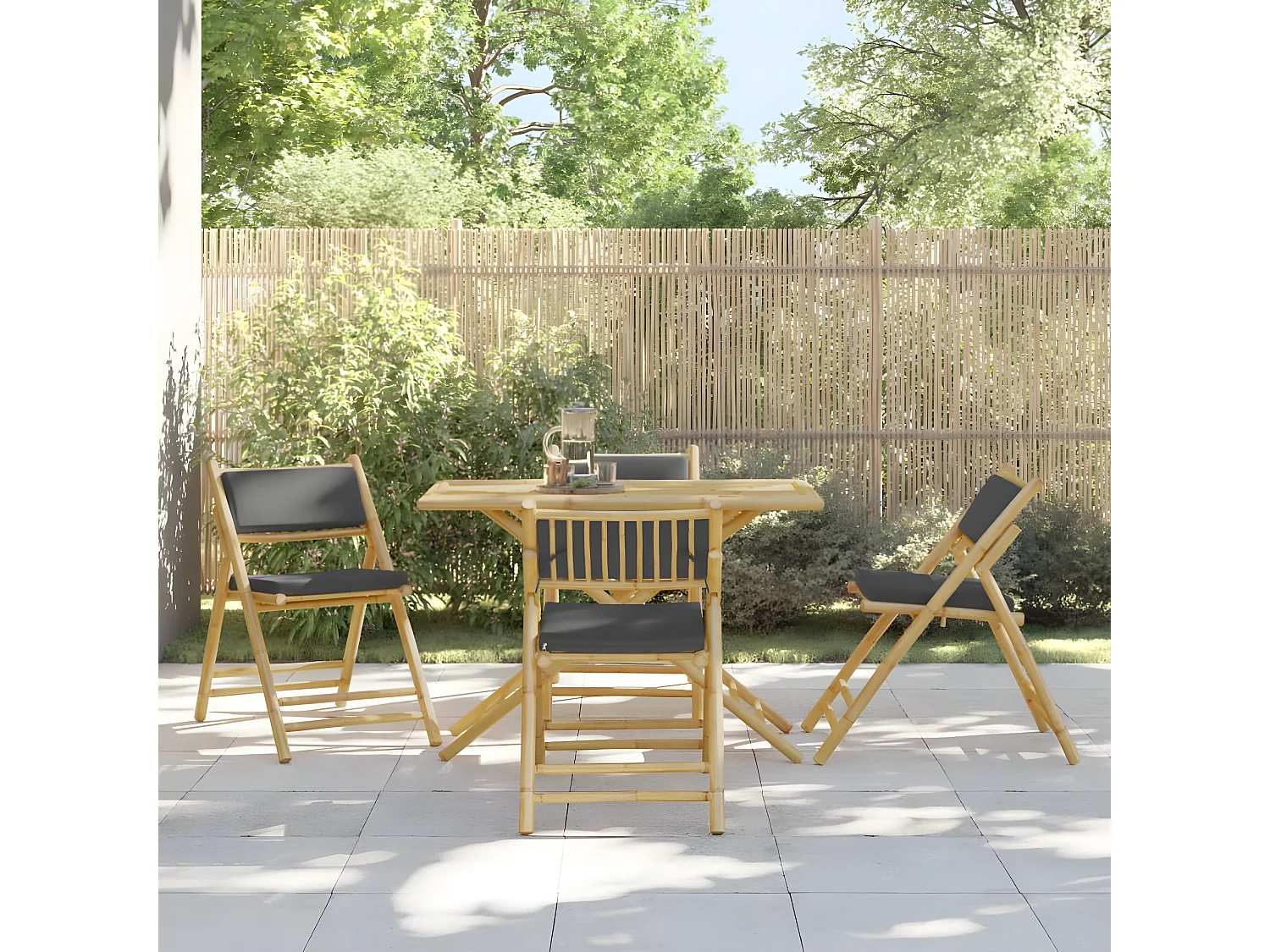 Ensemble de bistro pliante 5 pcs et coussins gris foncé bambou