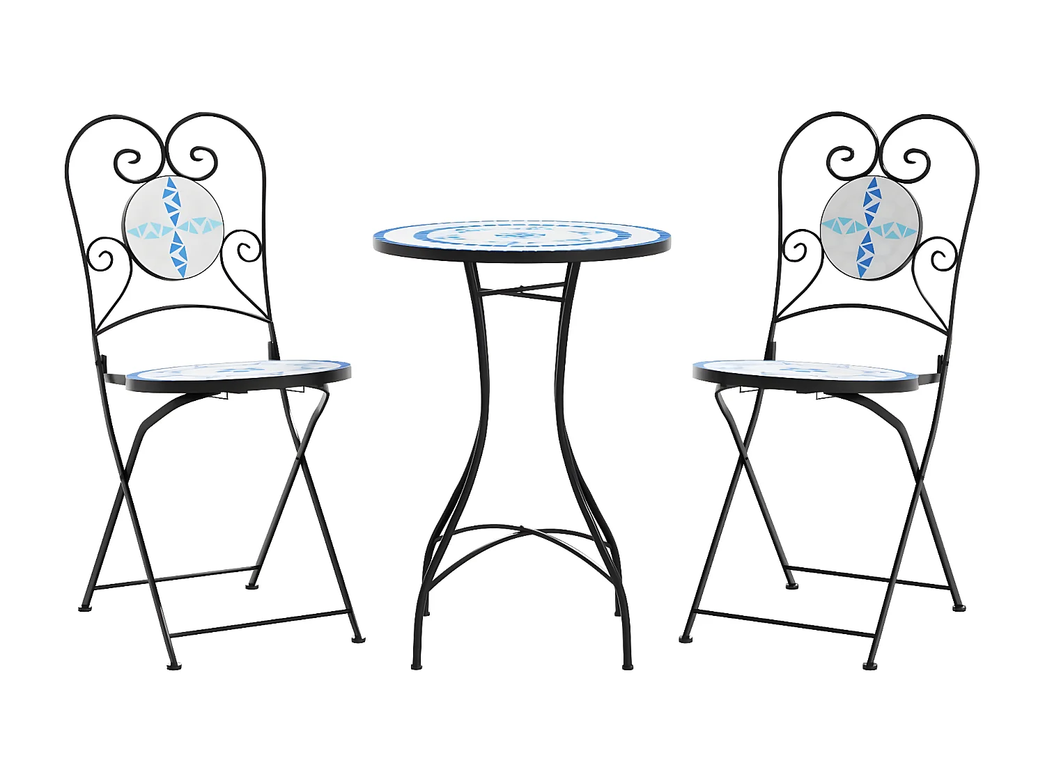 Ensemble de bistro mosaïque bleu et blanc fer et céramique