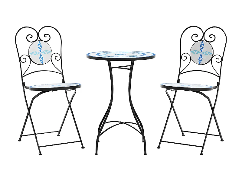 Ensemble de bistro mosaïque bleu et blanc fer et céramique