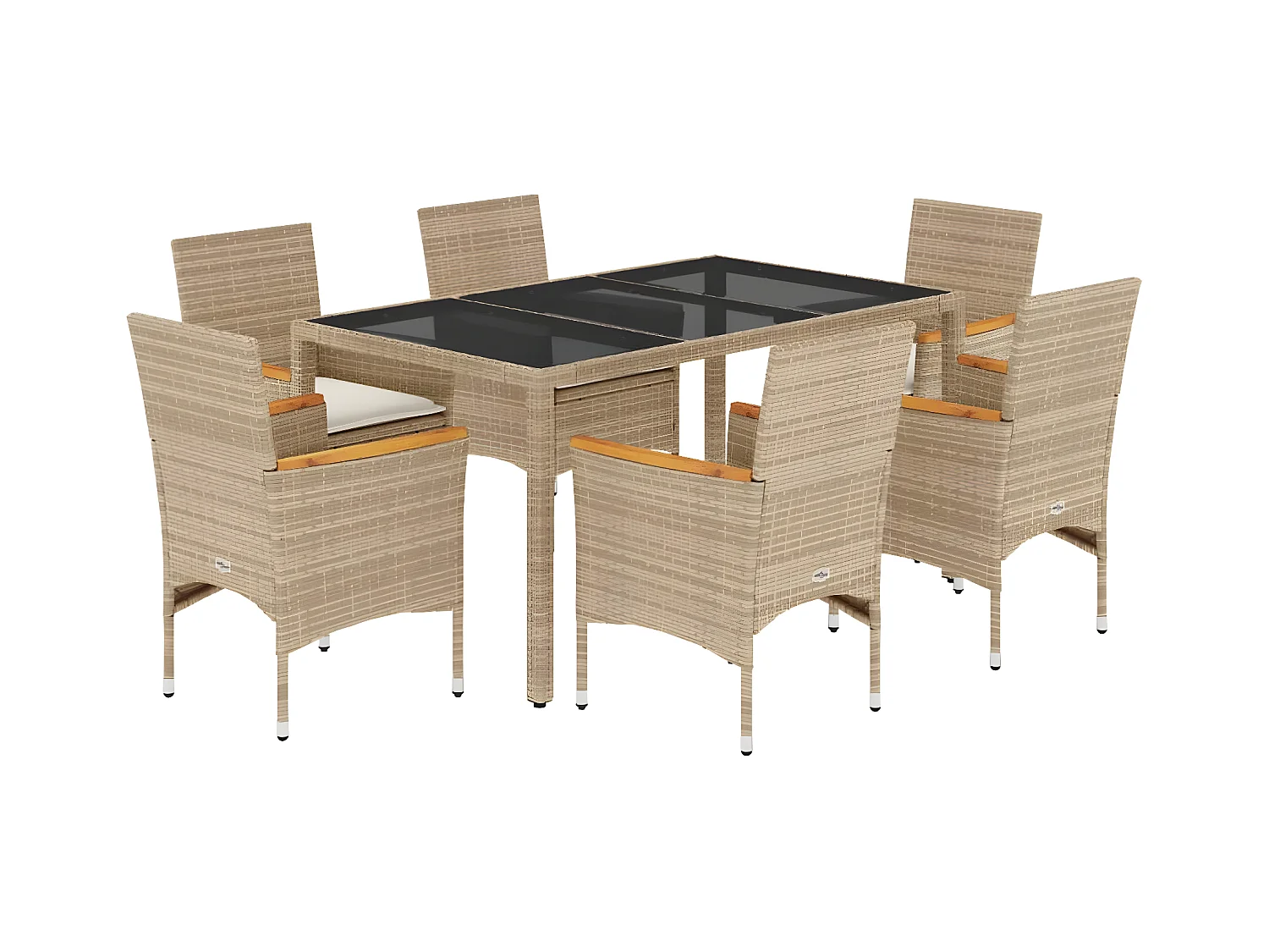 Ensemble à manger de jardin et coussins 7 pcs beige rotin verre