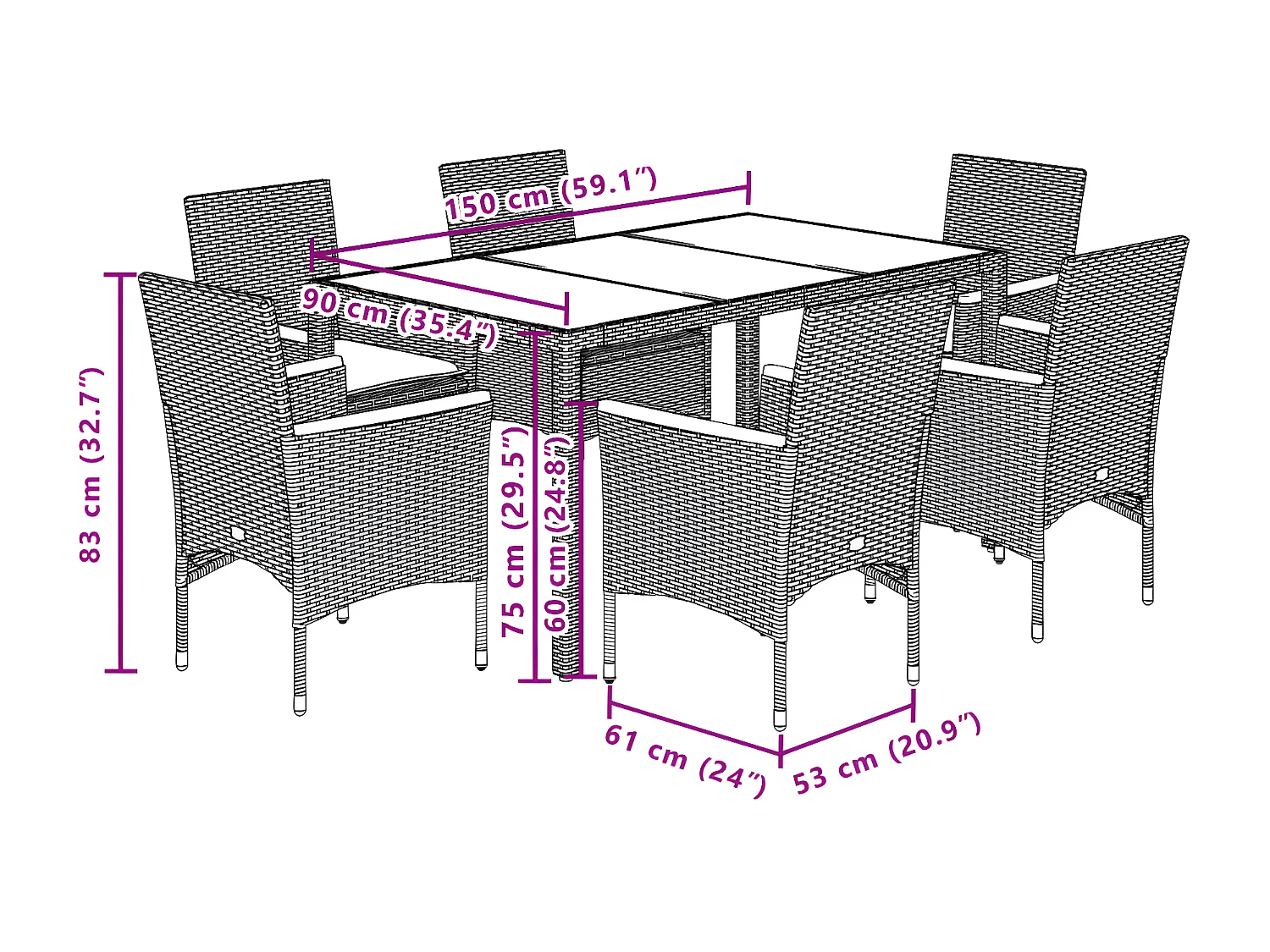 Ensemble à manger de jardin et coussins 7 pcs noir rotin acacia