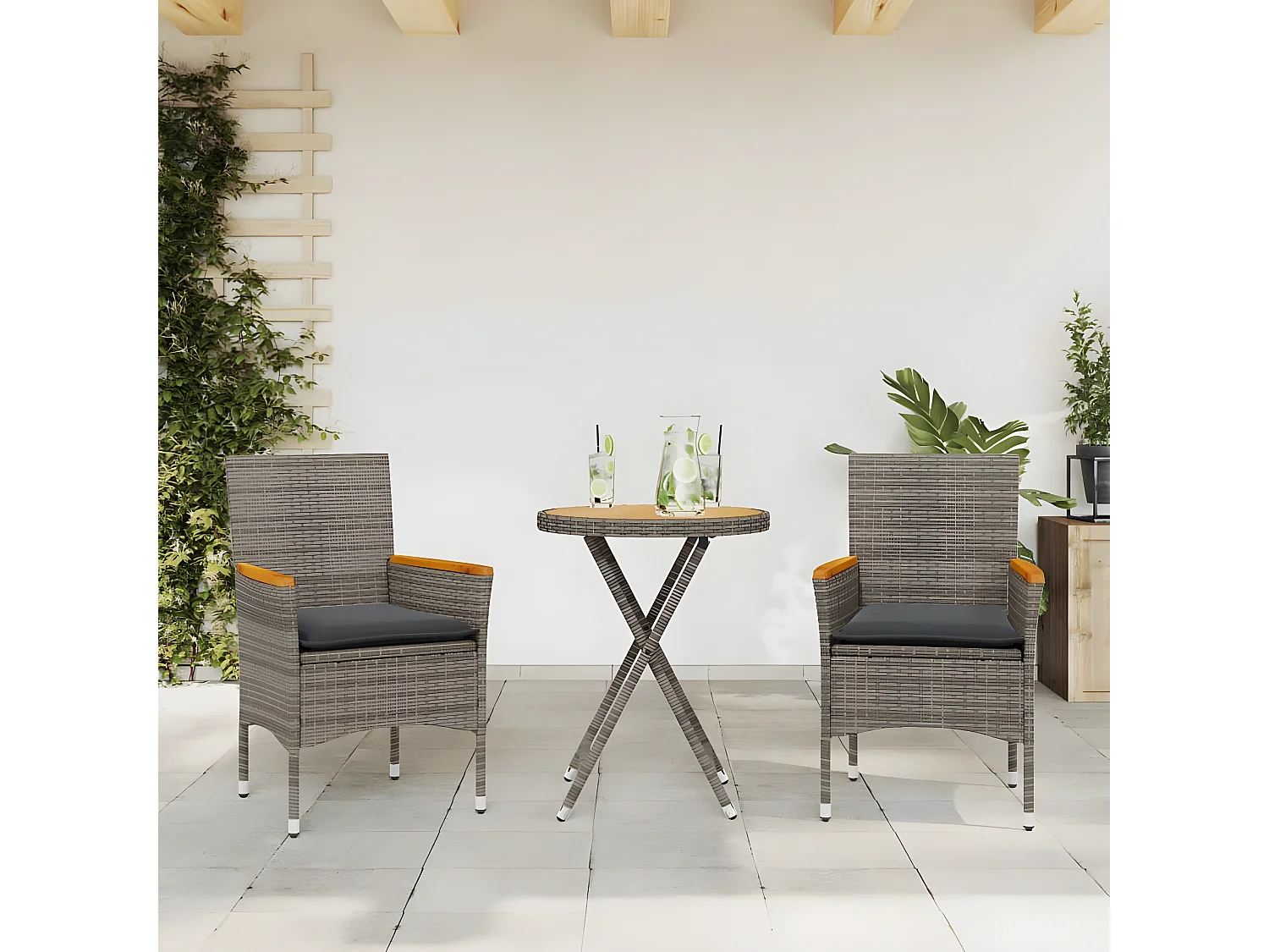 Ensemble de bistro avec coussins 3 pcs gris rotin et acacia
