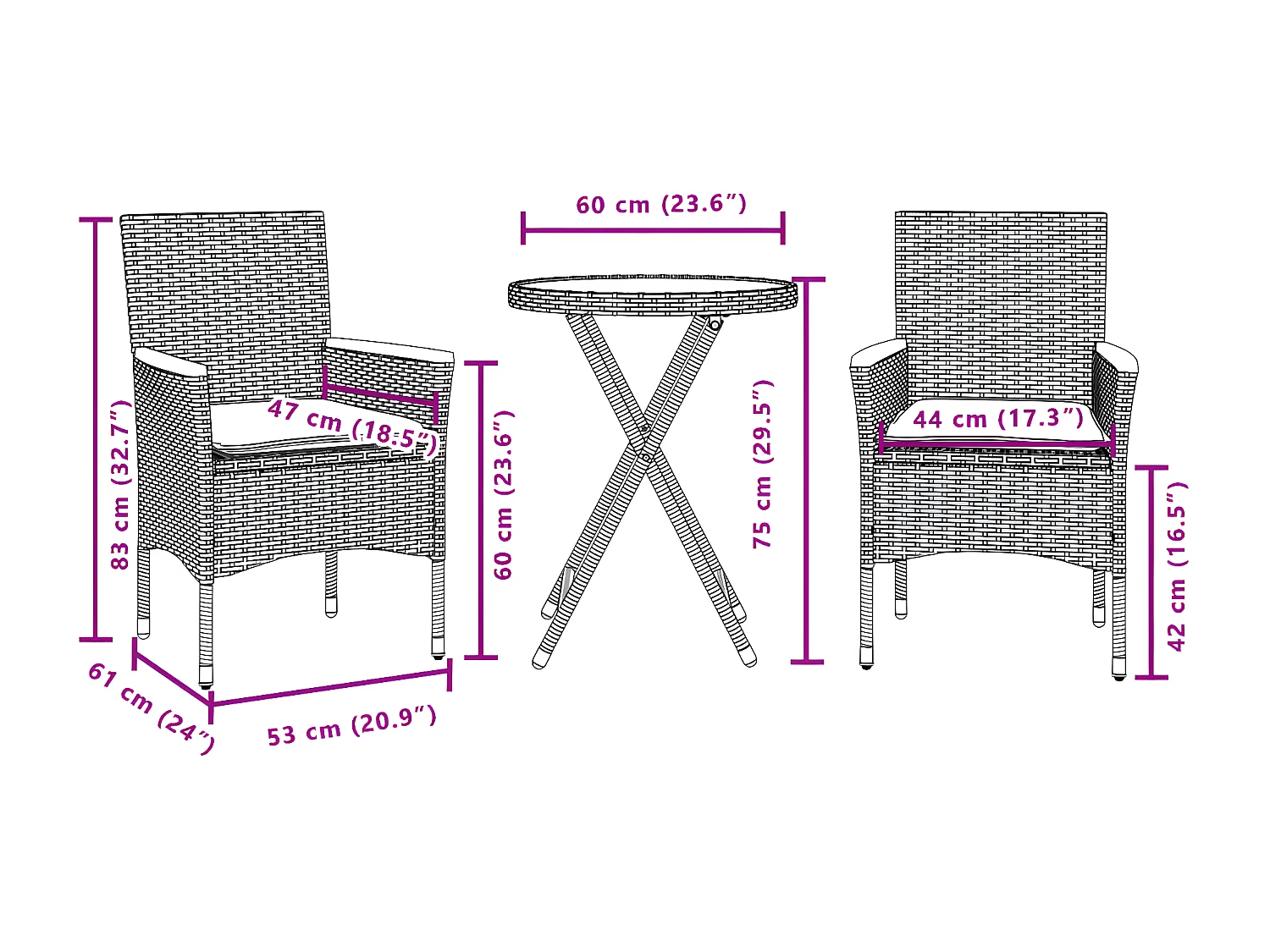 Ensemble de bistro avec coussins 3 pcs gris rotin et acacia