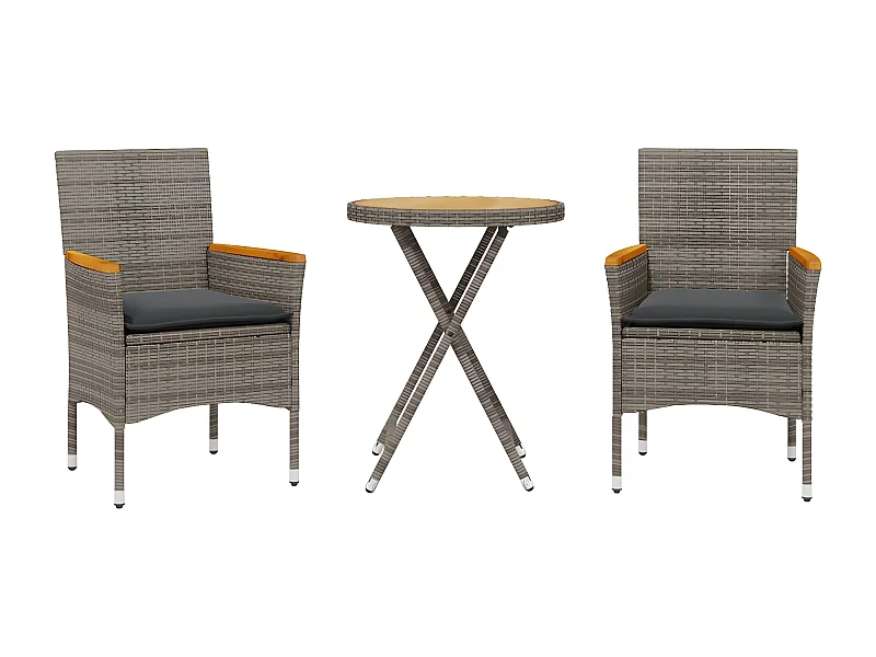 Ensemble de bistro avec coussins 3 pcs gris rotin et acacia