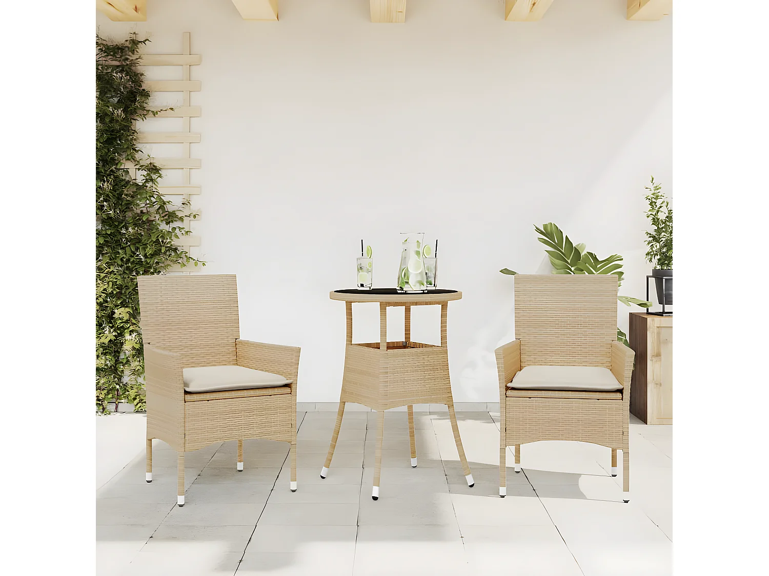 Ensemble à manger de jardin et coussins 3 pcs beige rotin verre