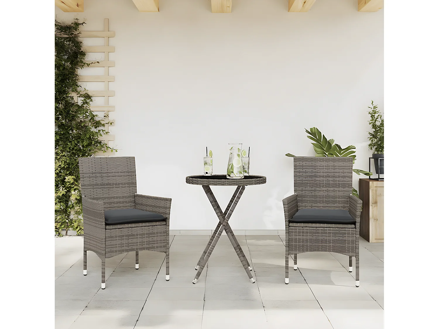 Ensemble de bistro avec coussins 3 pcs gris rotin et verre