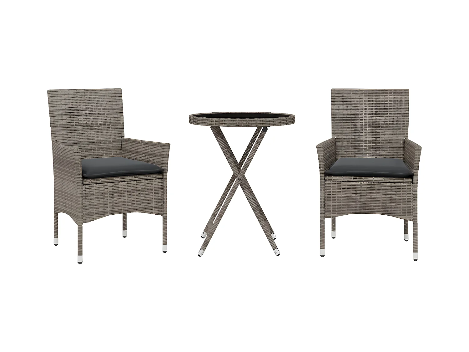 Ensemble de bistro avec coussins 3 pcs gris rotin et verre