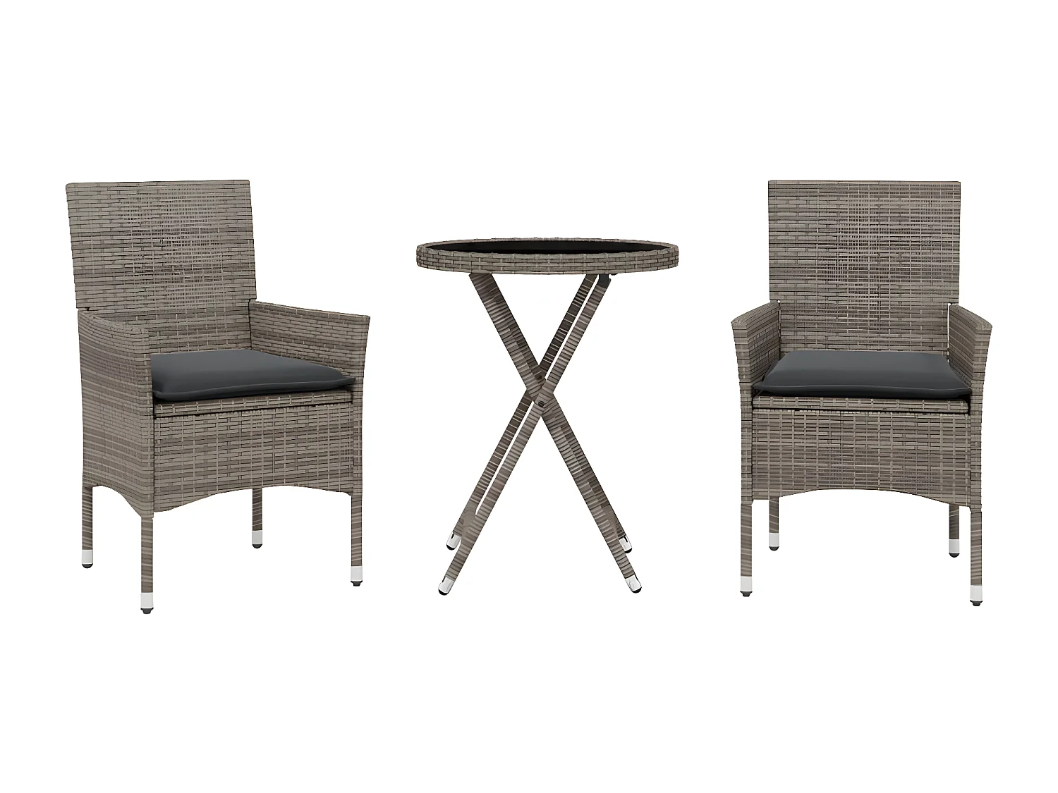 Ensemble de bistro avec coussins 3 pcs gris rotin et verre