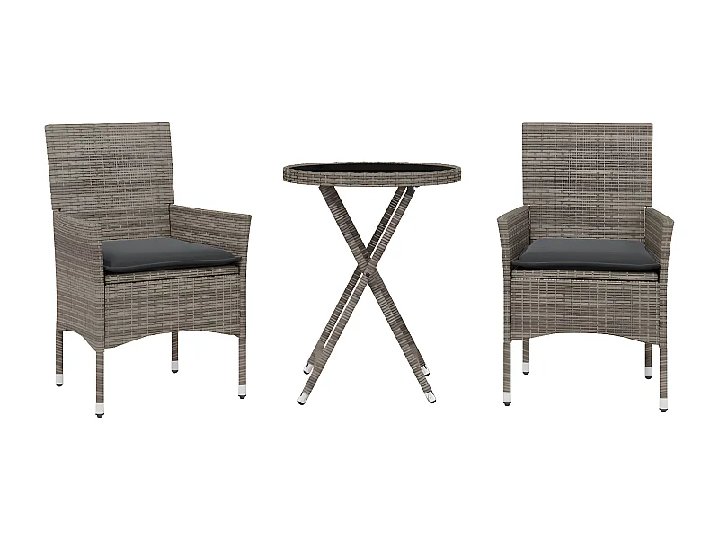 Ensemble de bistro avec coussins 3 pcs gris rotin et verre