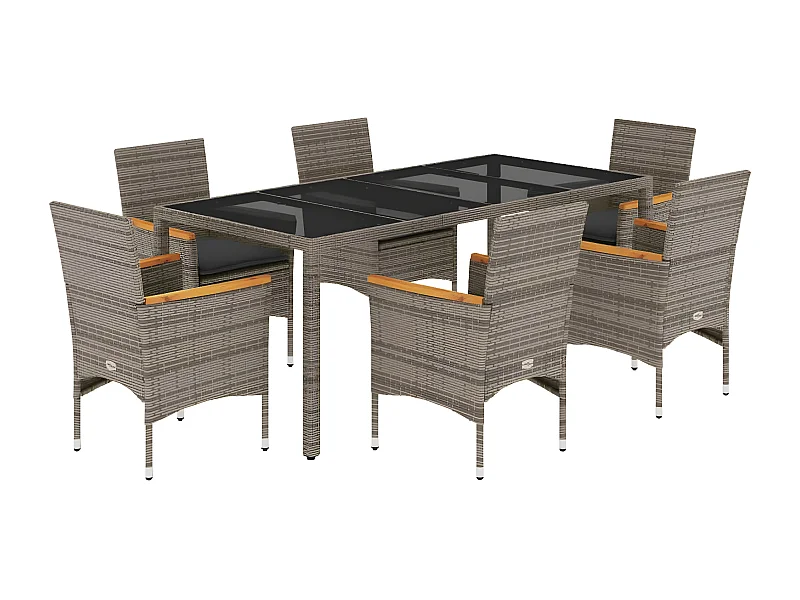 Ensemble à manger de jardin et coussins 7 pcs gris rotin verre