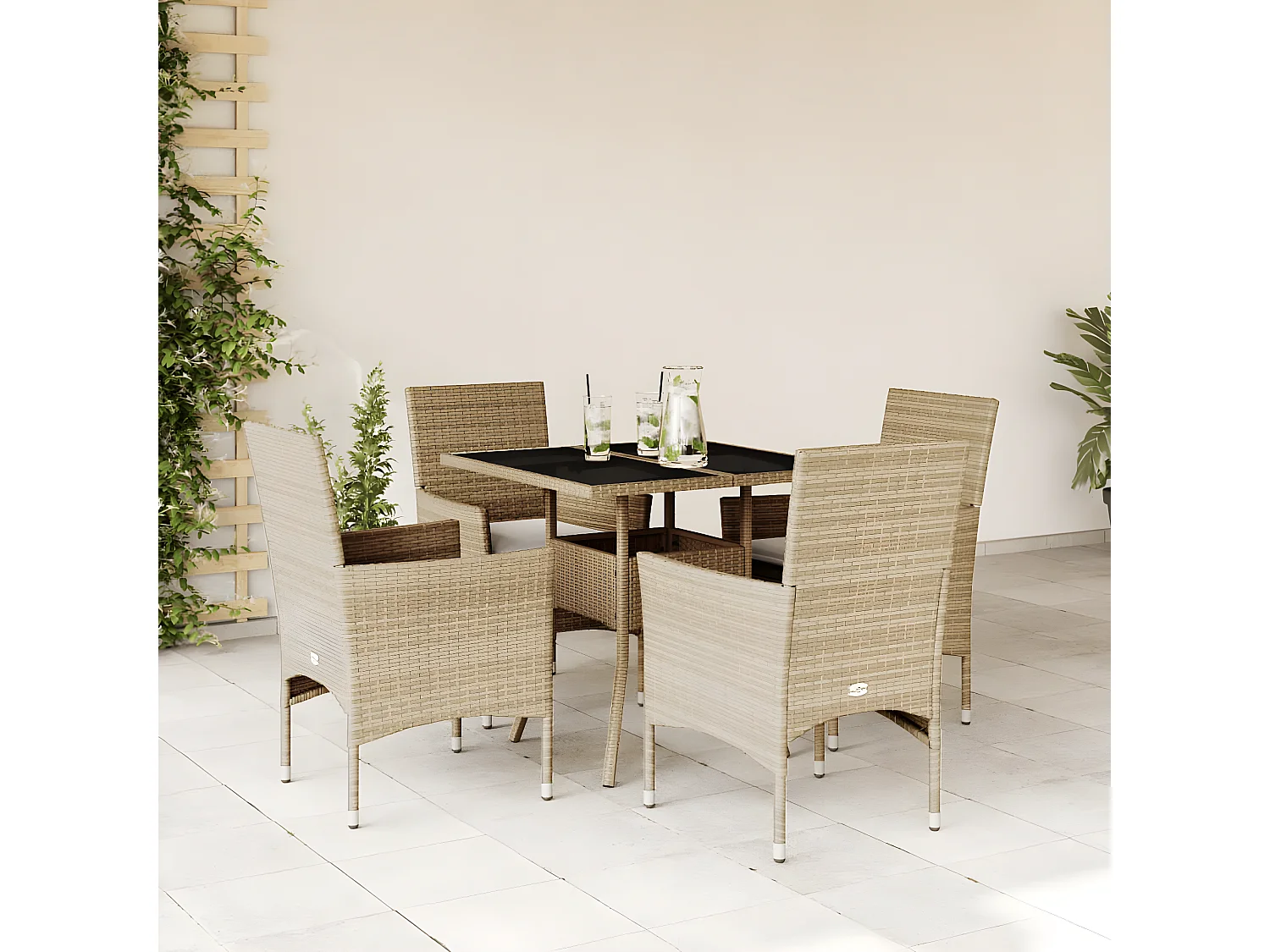 Ensemble à manger de jardin et coussins 5 pcs beige rotin verre