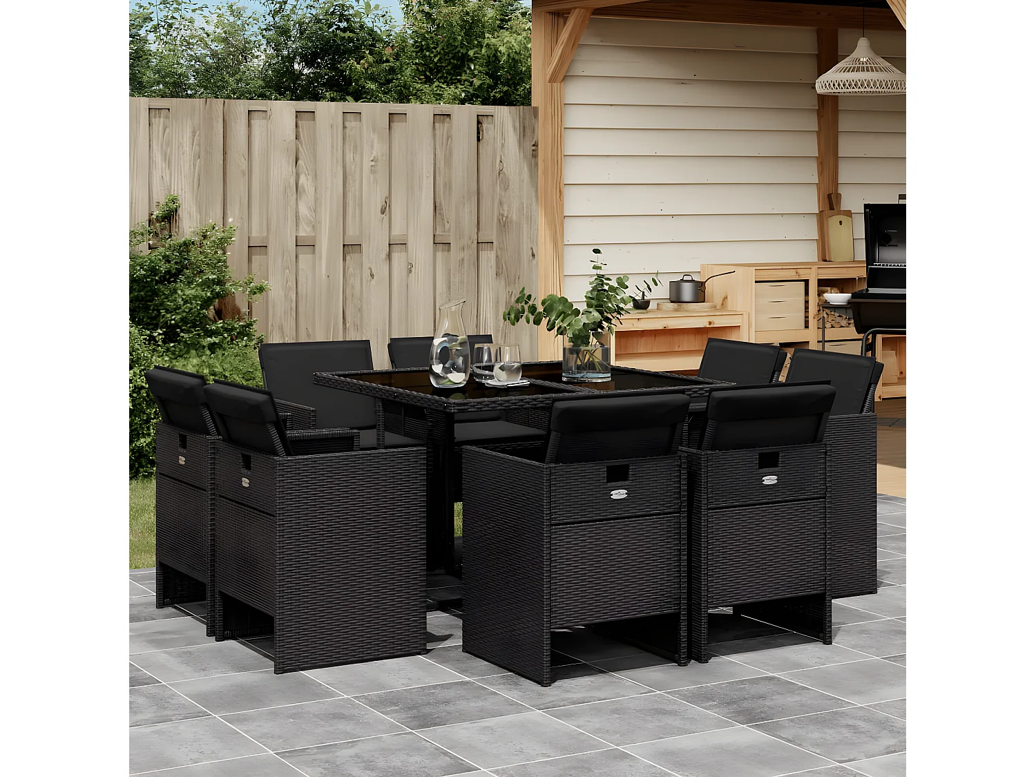 Ensemble à manger de jardin 9pcs coussins noir résine tressée