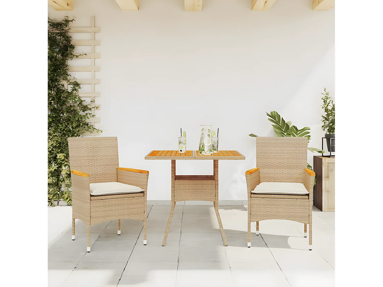 Ensemble à manger de jardin et coussins 3pcs beige rotin acacia