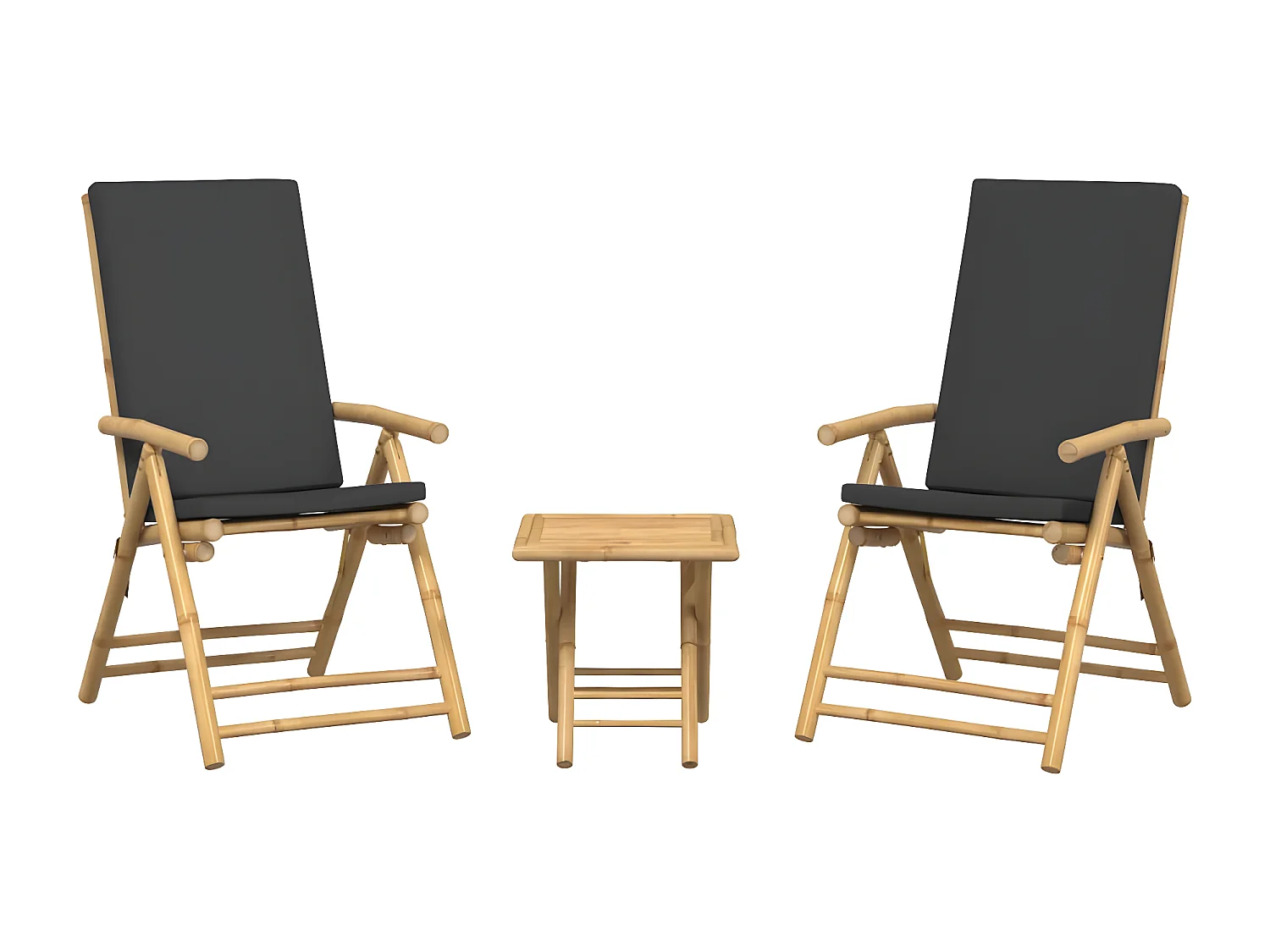 Ensemble de bistro pliante 3 pcs et coussins gris foncé bambou
