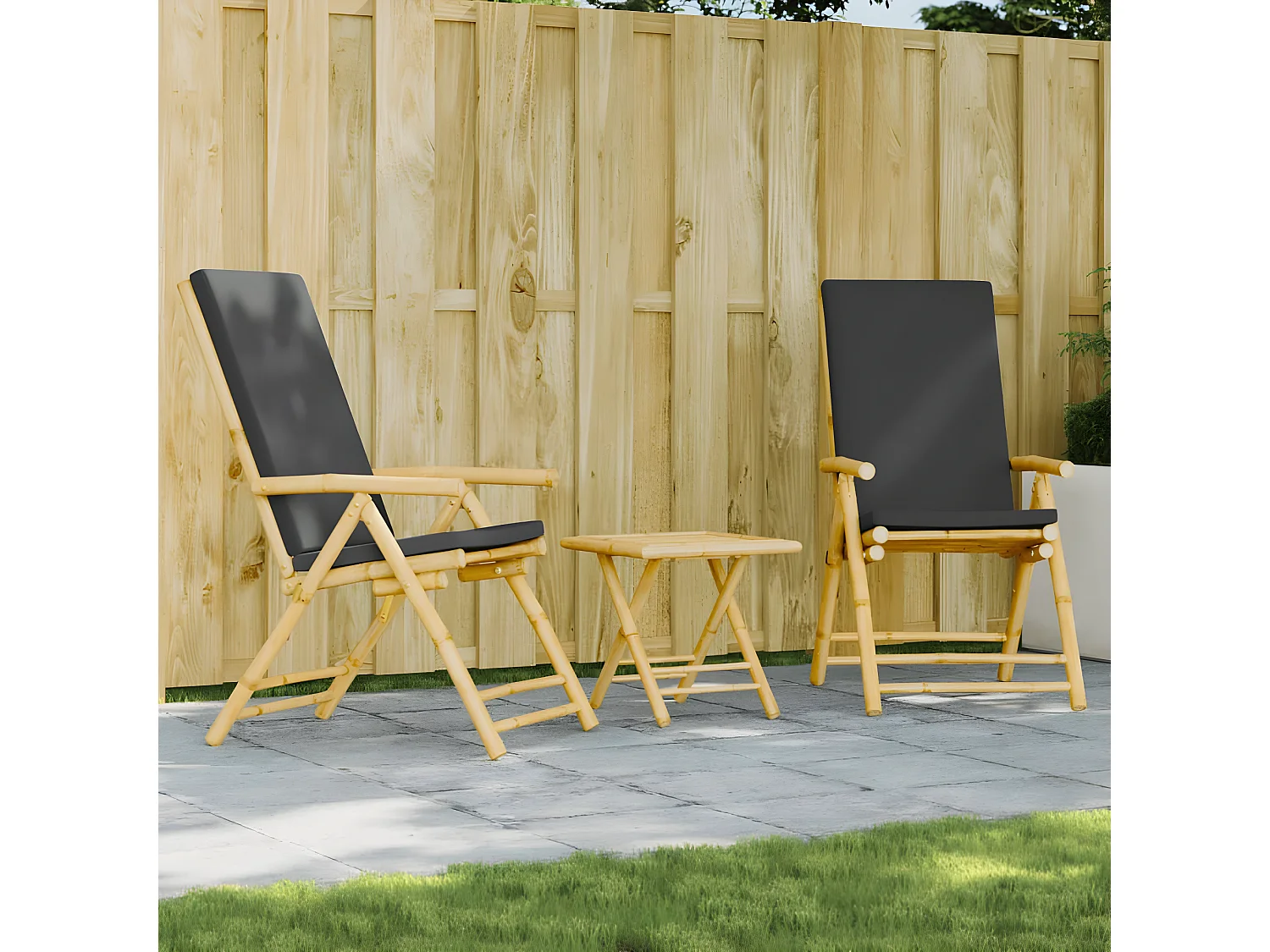 Ensemble de bistro pliante 3 pcs et coussins gris foncé bambou