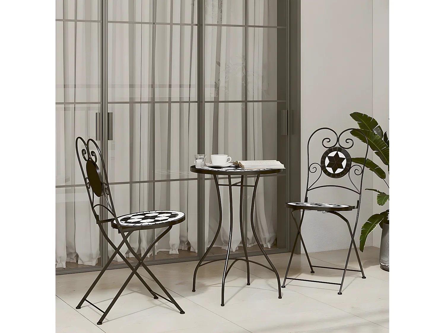 Ensemble de bistro mosaïque noir et blanc fer et céramique