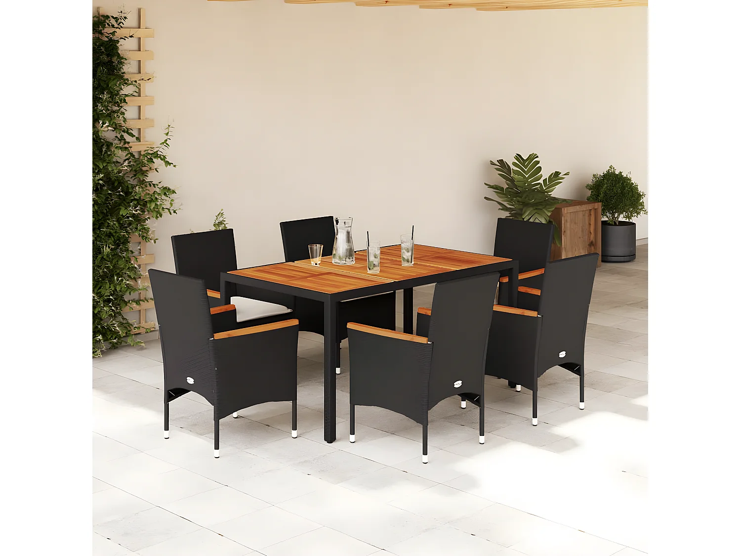 Ensemble à manger de jardin et coussins 7pcs noir rotin acacia