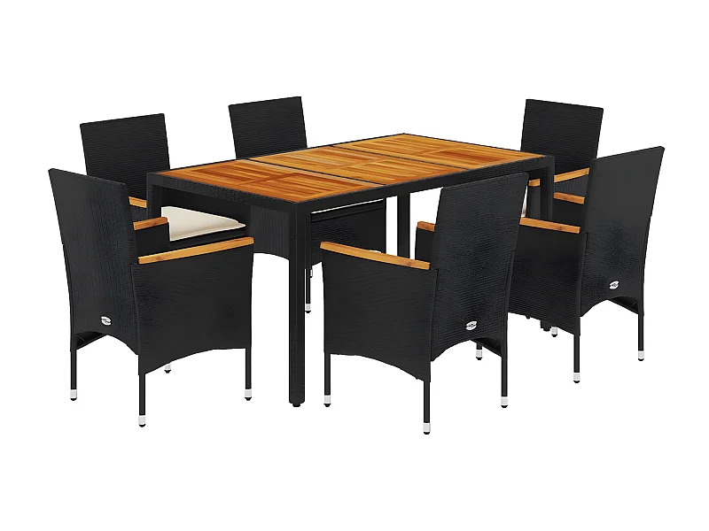 Ensemble à manger de jardin et coussins 7pcs noir rotin acacia
