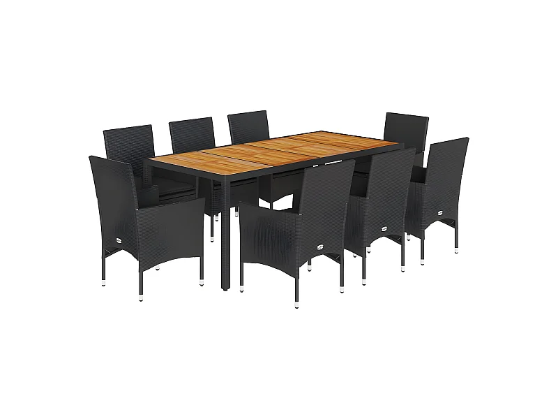 Ensemble à manger de jardin et coussins 9 pcs noir rotin acacia