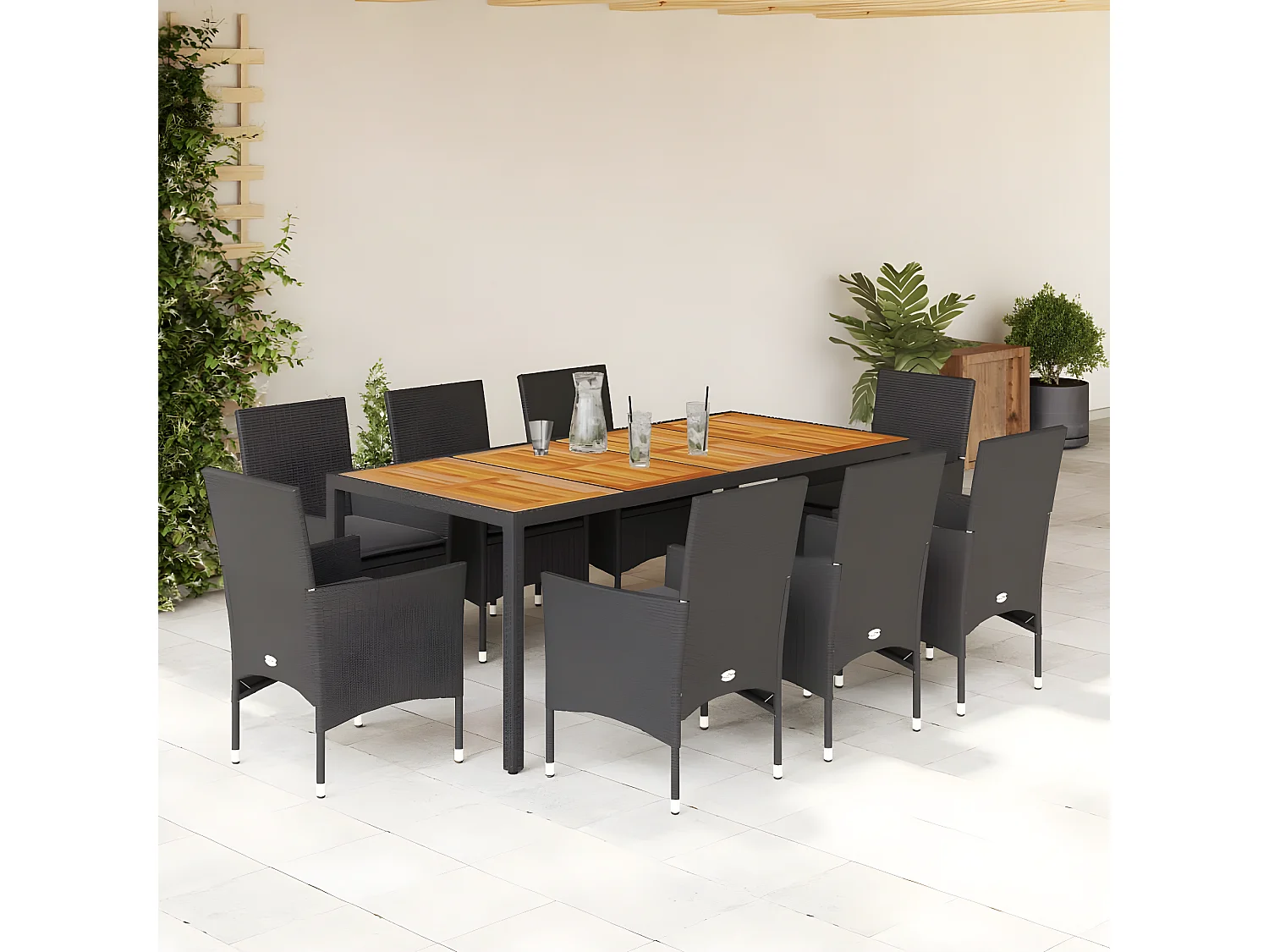 Ensemble à manger de jardin et coussins 9 pcs noir rotin acacia