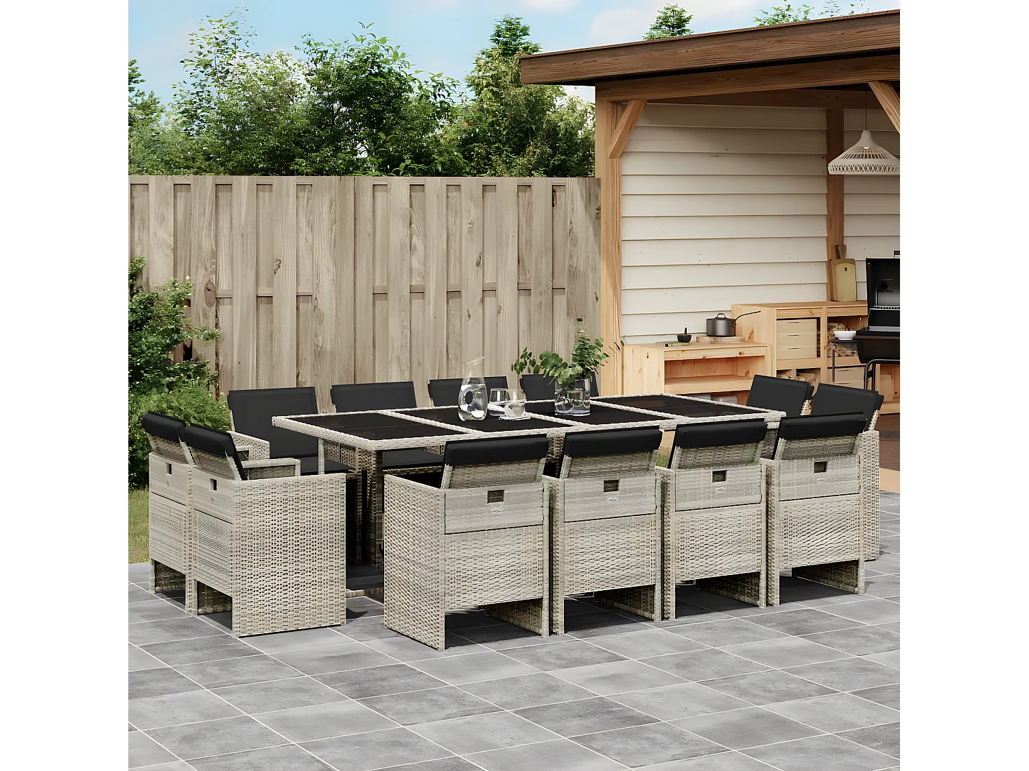 Ensemble à manger de jardin et coussins 13 pcs gris clair rotin