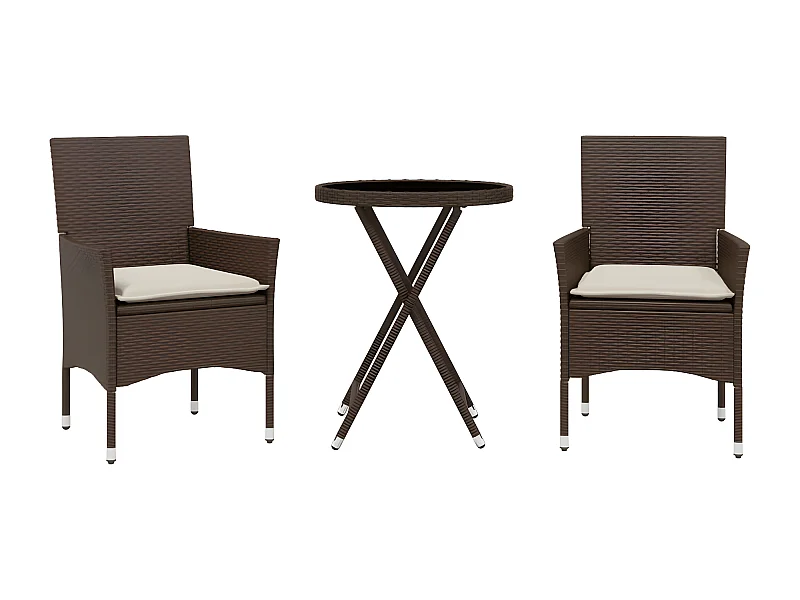 Ensemble de bistro avec coussins 3 pcs marron rotin et verre