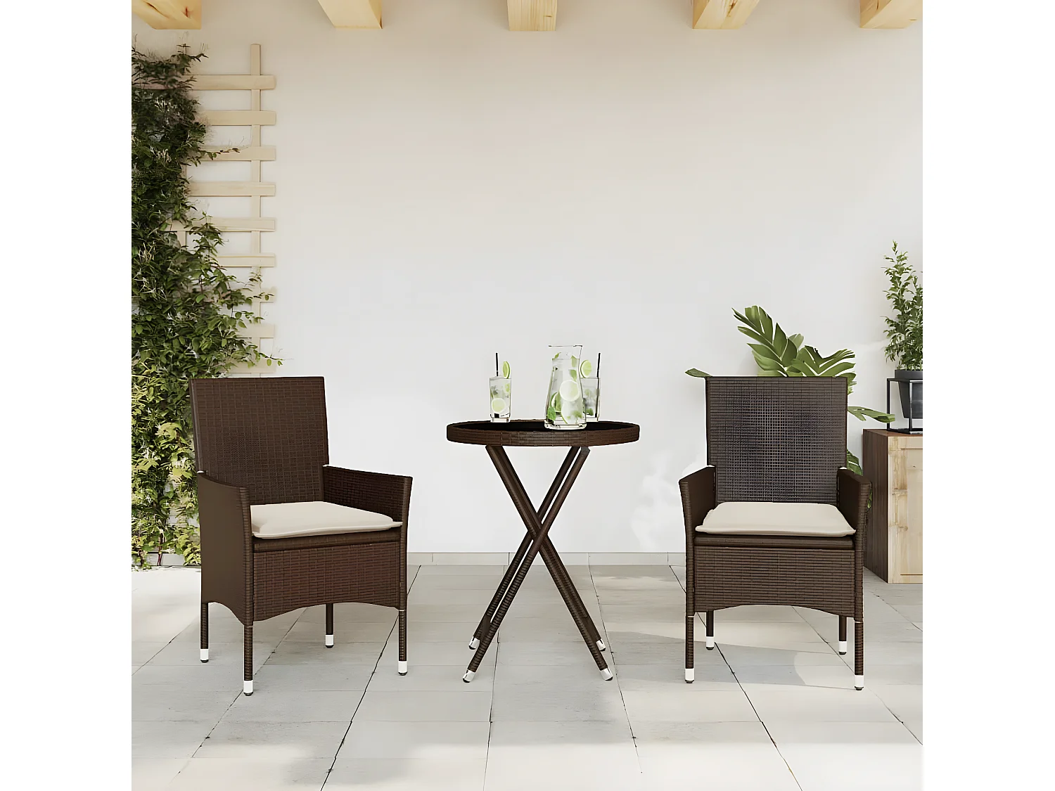 Ensemble de bistro avec coussins 3 pcs marron rotin et verre