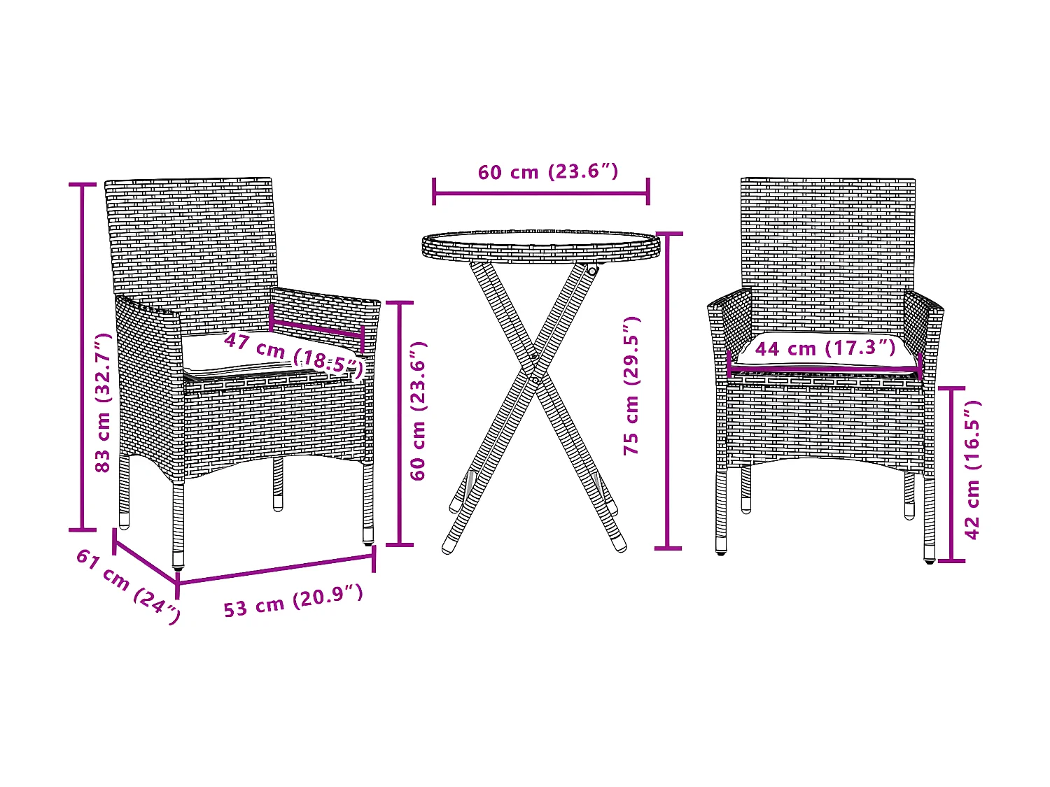 Ensemble de bistro avec coussins 3 pcs marron rotin et verre
