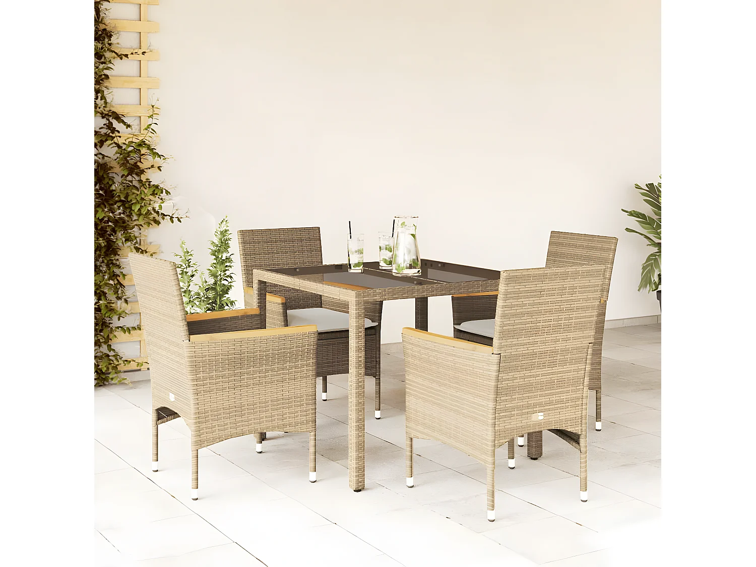 Ensemble à manger de jardin et coussins 5 pcs beige rotin verre
