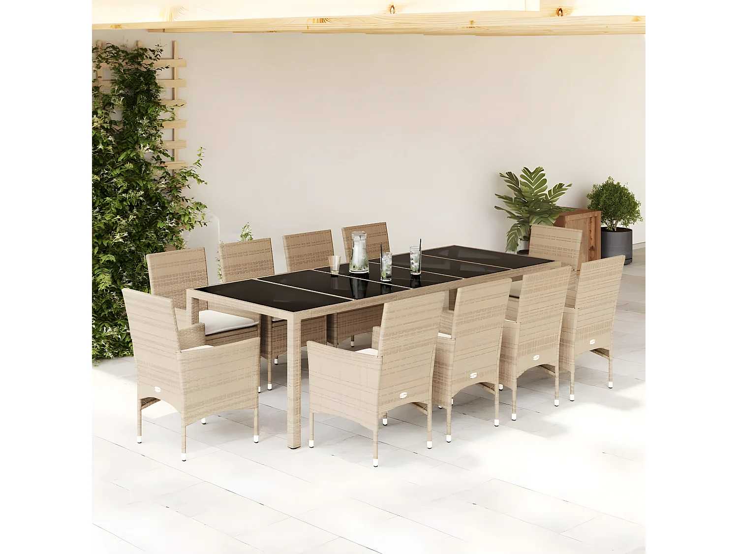 Ensemble à manger de jardin et coussins 11pcs beige rotin verre