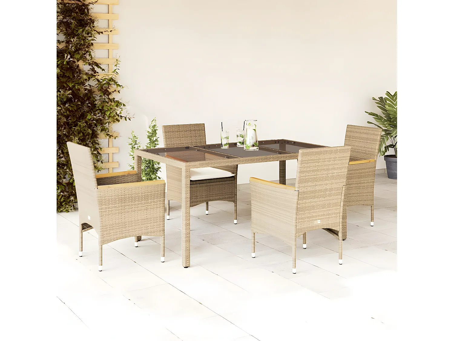 Ensemble à manger de jardin et coussins 5 pcs beige rotin verre
