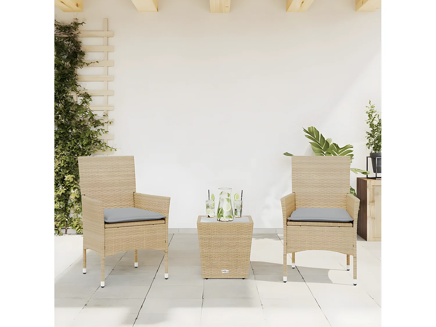 Ensemble de bistro avec coussins 3 pcs beige rotin et verre