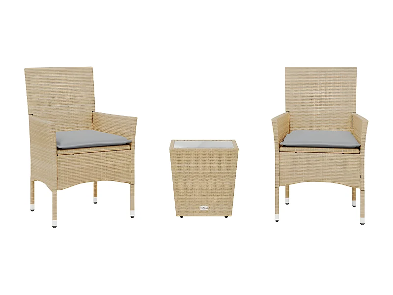 Ensemble de bistro avec coussins 3 pcs beige rotin et verre