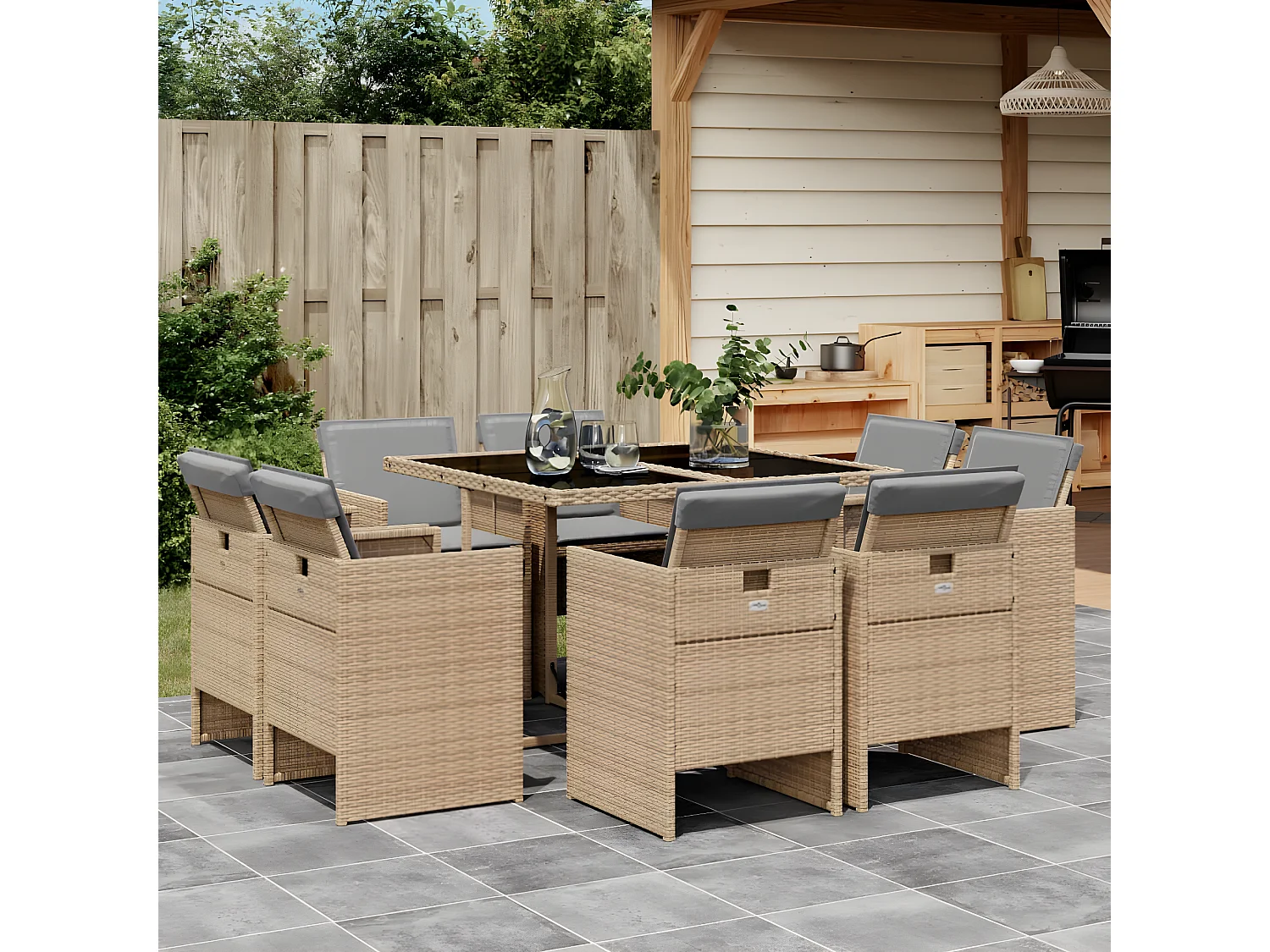 Ensemble à manger de jardin et coussins 9 pcs mélange beige