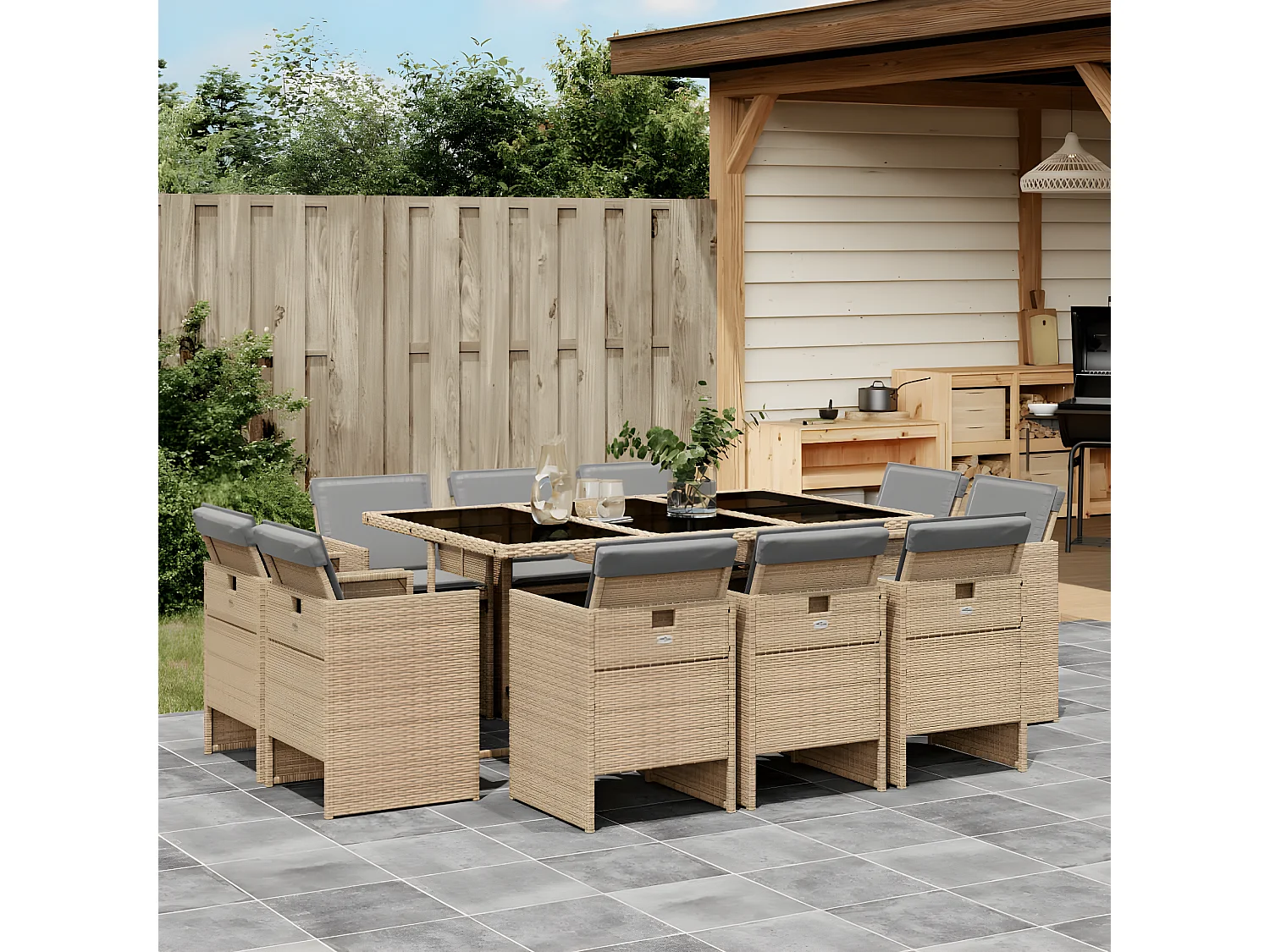 Ensemble à manger de jardin et coussins 11 pcs mélange beige
