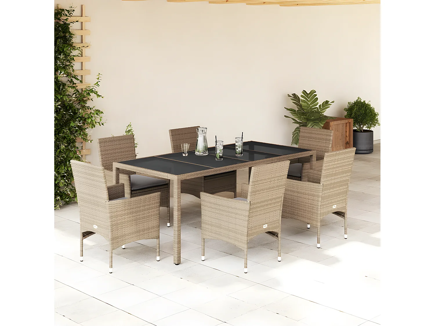 Ensemble à manger de jardin et coussins 7 pcs beige rotin verre