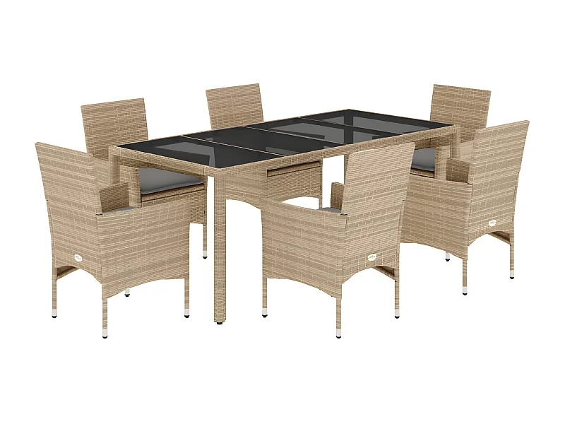 Ensemble à manger de jardin et coussins 7 pcs beige rotin verre