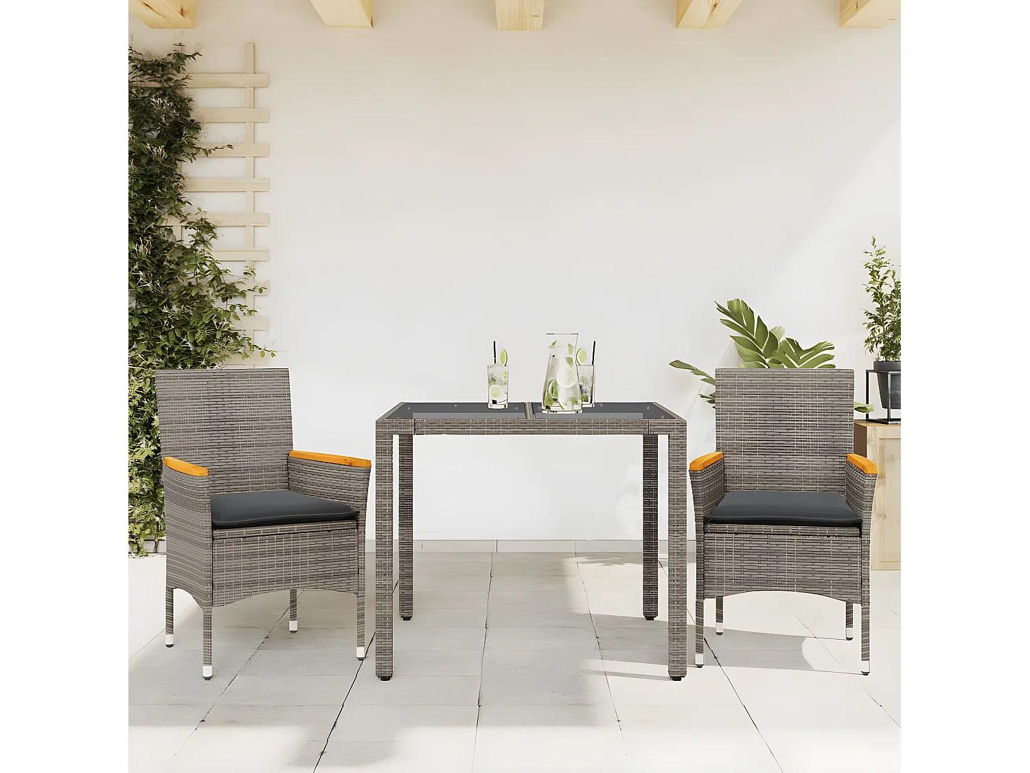 Ensemble à manger de jardin et coussins 3 pcs gris rotin verre