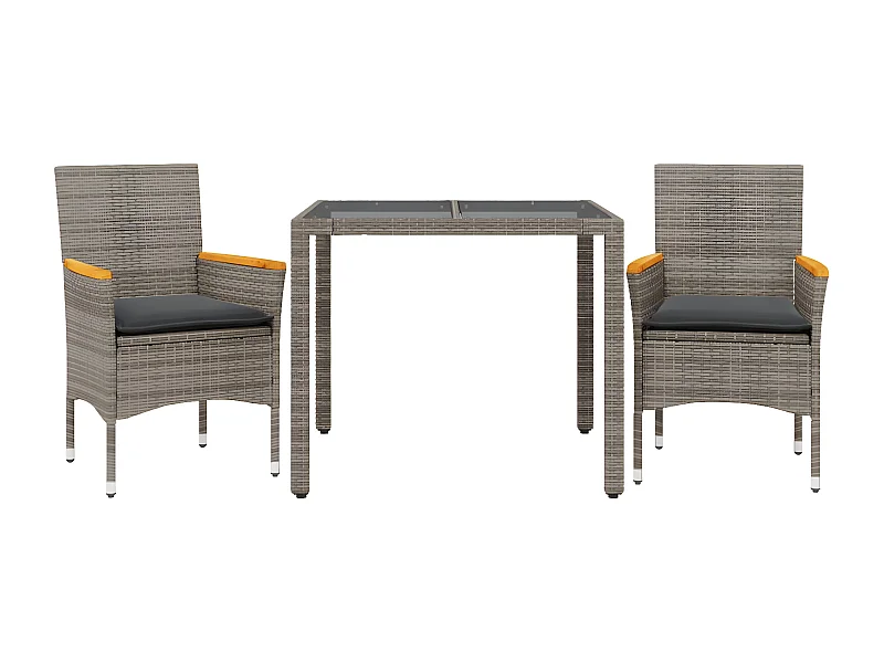 Ensemble à manger de jardin et coussins 3 pcs gris rotin verre
