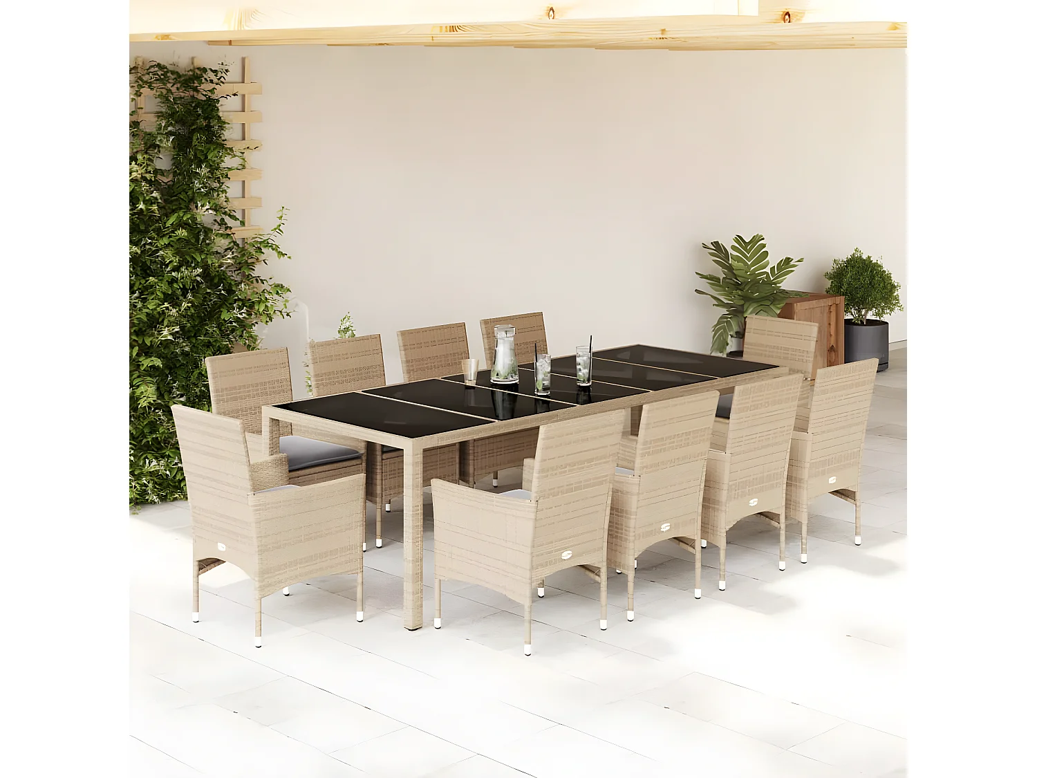Ensemble à manger de jardin et coussins 11pcs beige rotin verre