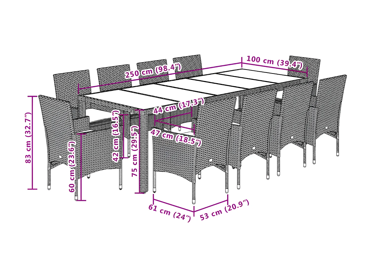 Ensemble à manger de jardin et coussins 11pcs beige rotin verre