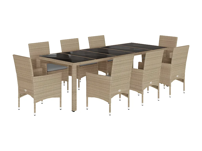 Ensemble à manger de jardin et coussins 9 pcs beige rotin verre