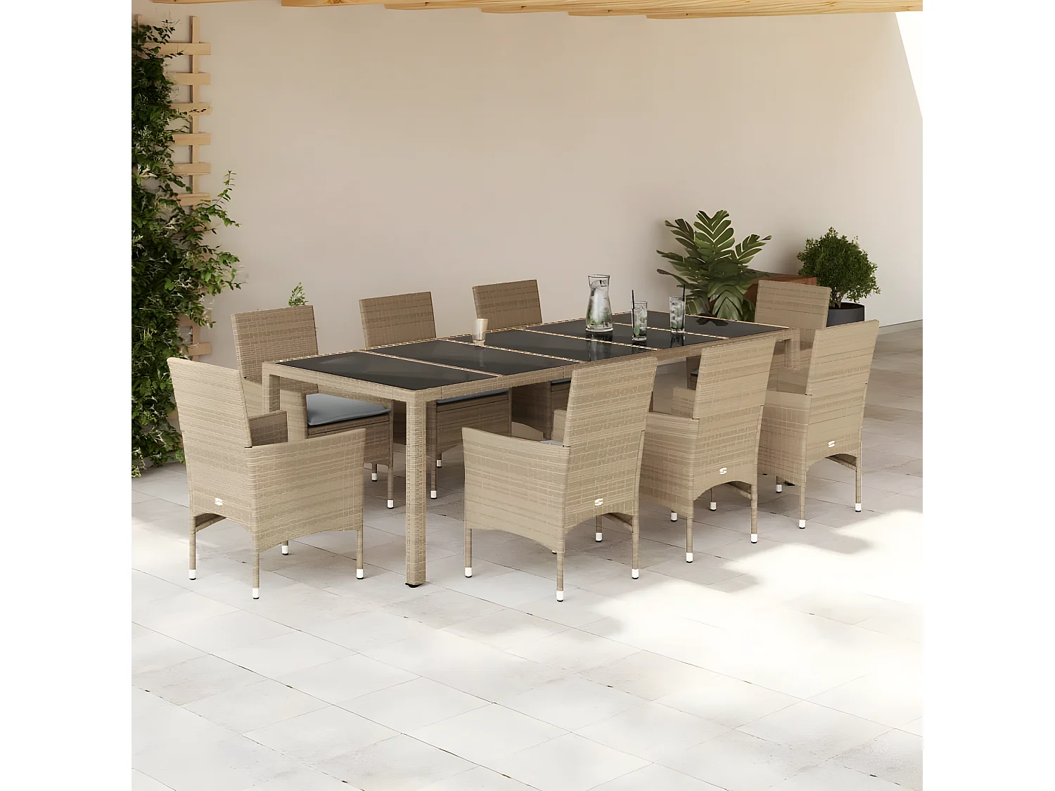 Ensemble à manger de jardin et coussins 9 pcs beige rotin verre