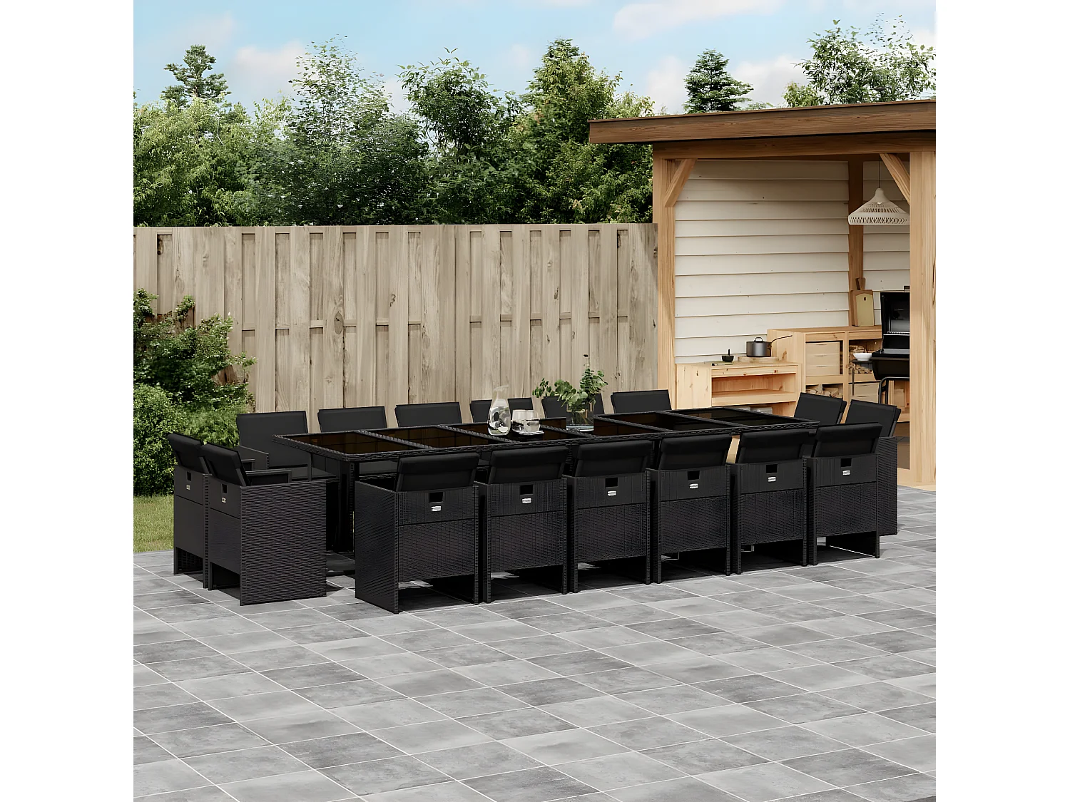 Ensemble à manger de jardin 17 pcs coussins noir résine tressée