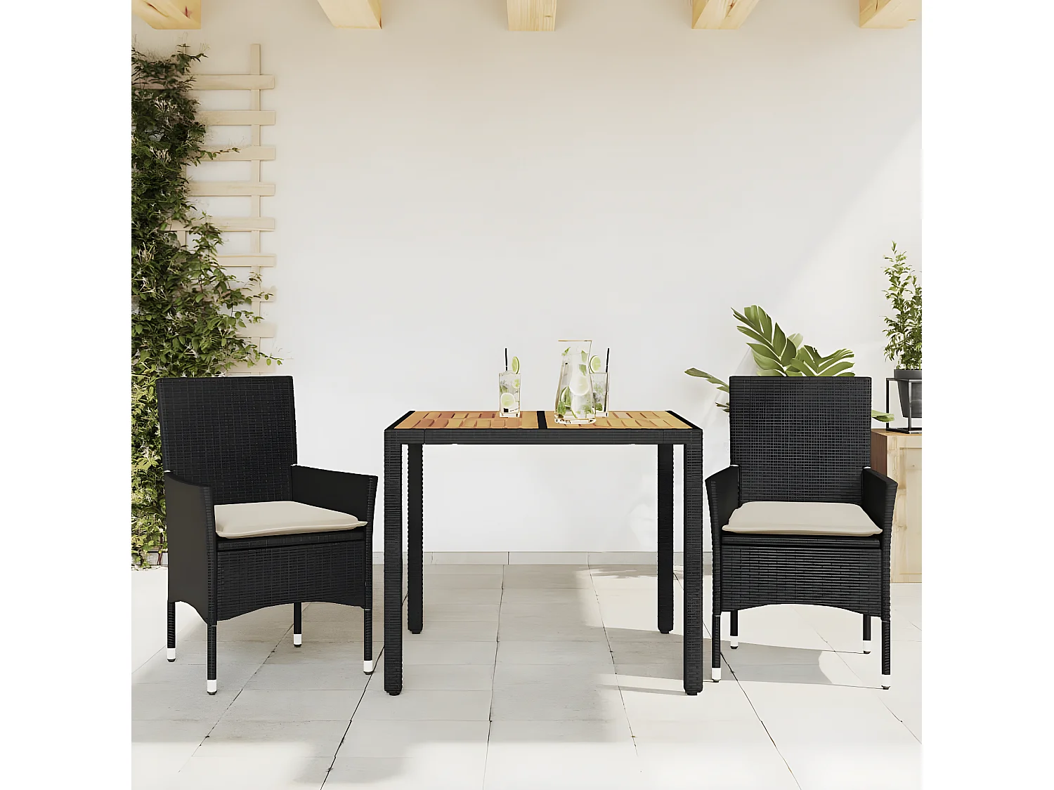 Ensemble à manger de jardin et coussins 3 pcs noir rotin acacia
