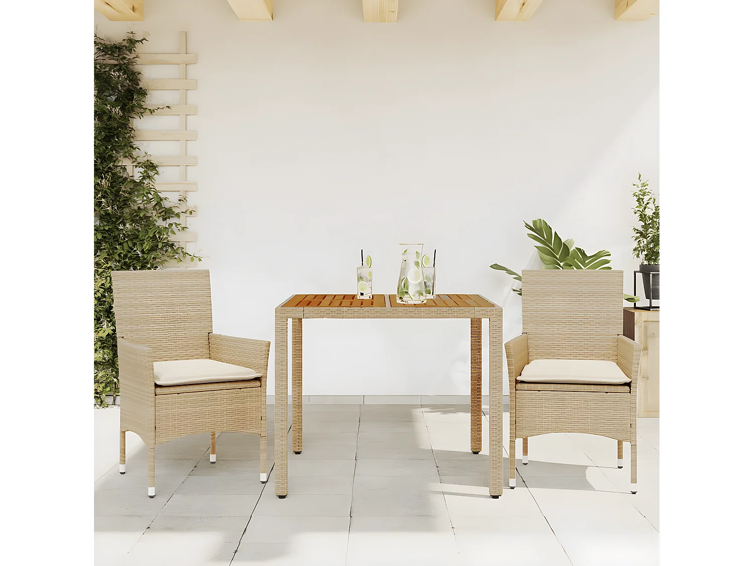 Ensemble à manger de jardin et coussins 3pcs beige rotin acacia