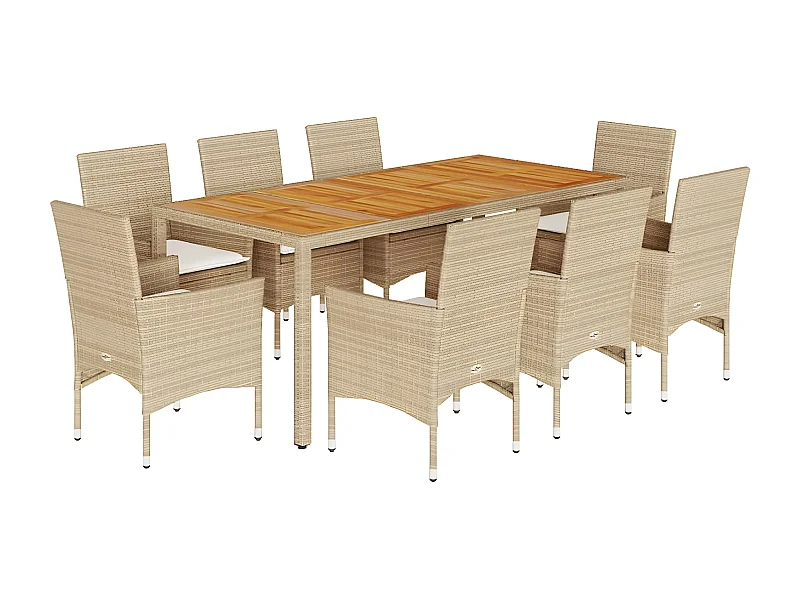 Ensemble à manger de jardin et coussins 9pcs beige rotin acacia