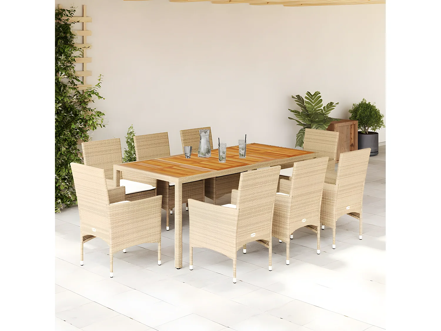 Ensemble à manger de jardin et coussins 9pcs beige rotin acacia