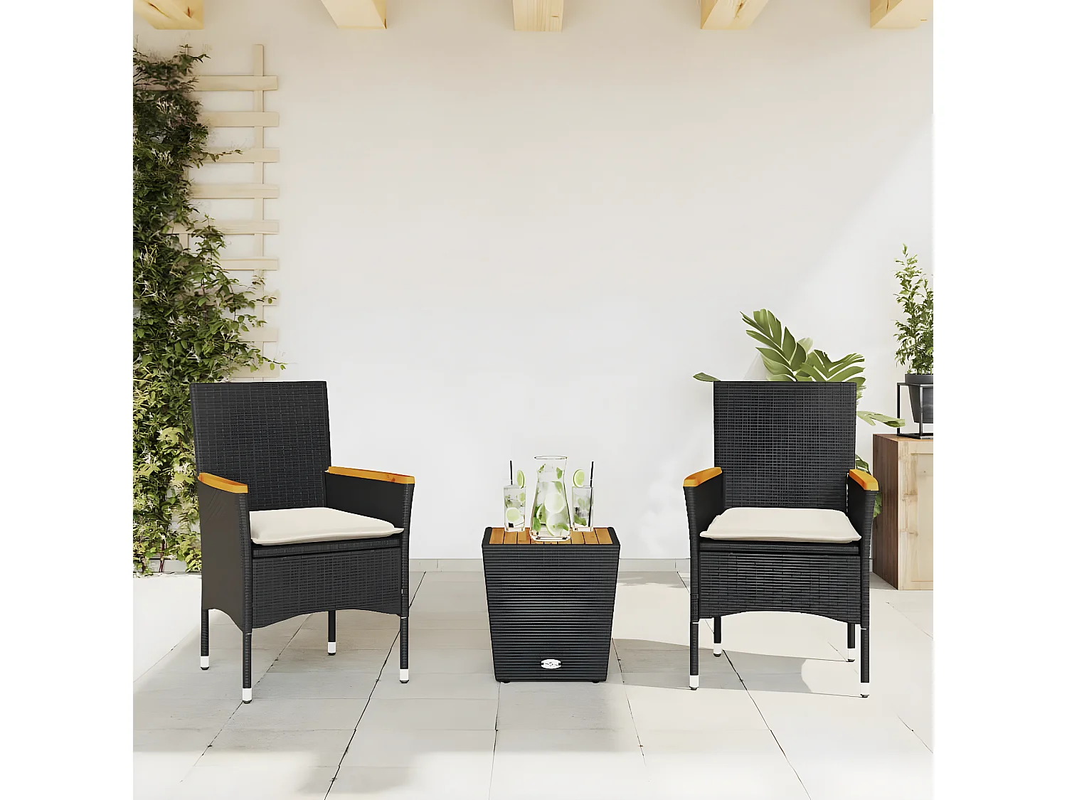 Ensemble de bistro avec coussins 3pcs noir résine tressée verre